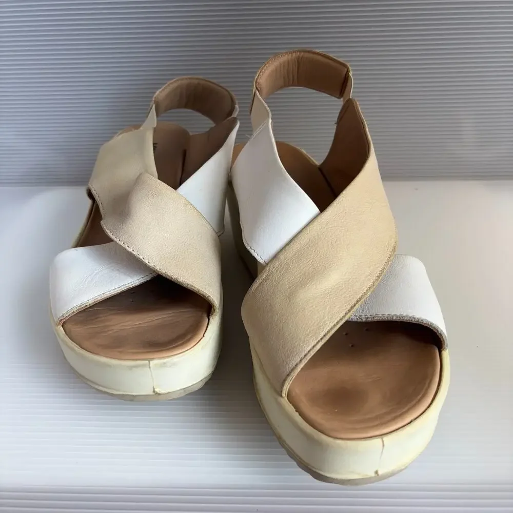IGI&CO Italy Leather Platform Wedge Sandals White Beige Womens EU 38 US 7-7.5